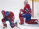 NA KOLENOU. Brank Montrealu Carey Price a obrnce Jordie Benn ve smutnm...