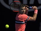 VSTÍC BEKHENDU. Bulharský tenista Grigor Dimitrov ve tvrtfinále Australian...