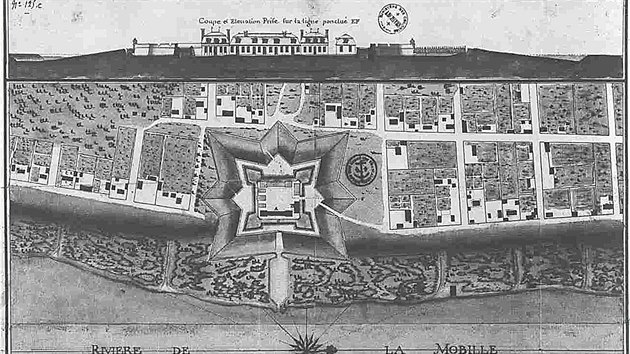 Historická mapa města Mobile v dnešní Alabamě (rok 1725)