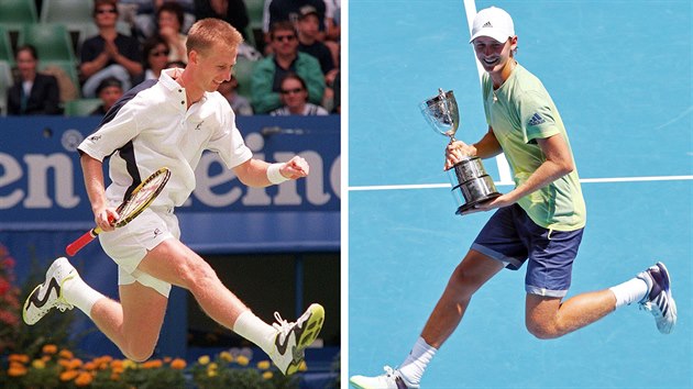 Petr Korda v radostném výskoku na Australian Open v lednu 1998 a jeho syn Sebastian na stejném místě přesně o dvacet let později.