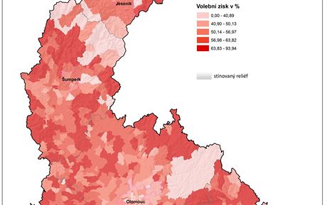Mapa ukazujc volebn zisk Miloe Zemana v Olomouckm kraji ve druhm kole...