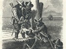 Indiánka prodávaná do otroctví. Rytina z roku 1680.