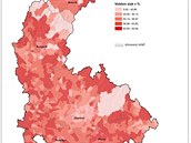 Mapa ukazujc volebn zisk Miloe Zemana v Olomouckm kraji ve druhm kole...