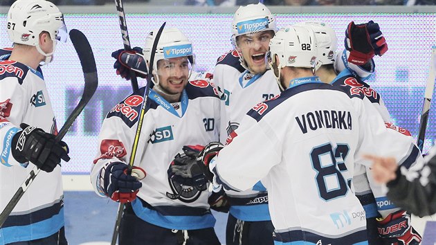 Chomutovští hokejisté se radují z gólu.