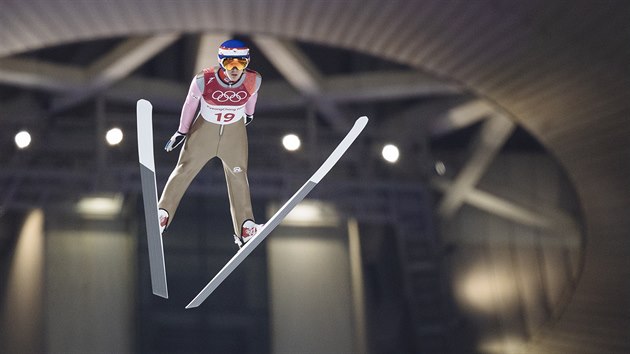 Český skokan na lyžích Vojtěch Štursa během kvalifikace na středním můstku v Pchjongčchangu.