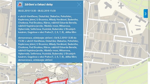 Zdren a plnovan trasa protestu taxik podle webu Dopravn info (8. nora...