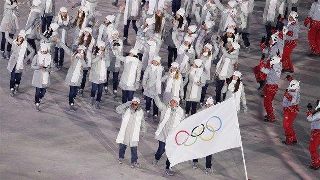 Vpravy sportovc Ruska na slavnostnm zahjen zimnch olympijskch her v jihokorejskm Pchjongchangu. (9. nora 2018)