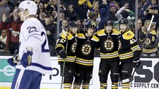 Hokejisté Bostonu slaví gól proti Torontu, druhý zprava je eský útoník David...