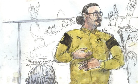 Jawad Bendaoud na kresb ze soudní sín. (26. ledna 2018)