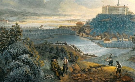 Pohled na kaskádový jez u Hluboké na obraze Ferdinanda Runka z roku 1804