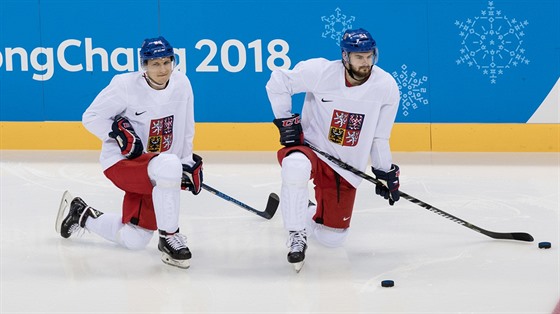Tomá Mertl a Roman Horák pi tréninku eských hokejist v jihokorejském...