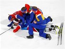 Norská becká tafeta v cíli olympijského závodu.