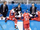 eský trenér Josef Janda rozdává pokyny v utkání s hokejisty Jiní Koreje.