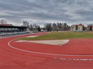 Tribuna atletickho stadionu na Sokolskm ostrov v eskch Budjovicch...