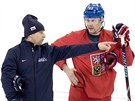 Kou Josef Janda hovoí s Ondejem Nmcem pi tréninku eských hokejist v...