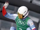 eský sáka Ondej Hyman v cíli olympijského závodu drustev. (15. února 2018)