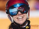 VÍTĚZKA. Česká lyžařka Ester Ledecká v cíli olympijského superobřího slalomu,...