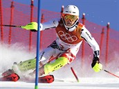esk lya Ondej Berndt pi slalomu v olympijsk superkombinaci. (13. nora...