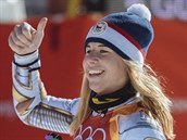 Česká lyžařka Ester Ledecká v cíli olympijského superobřího slalomu, ve kterém...