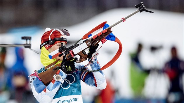 esk biatlonistka Veronika Vtkov v olympijskm sprintu na 7,5 kilometru v pchjongchangskm centru Alpensia. (10. nora 2018)