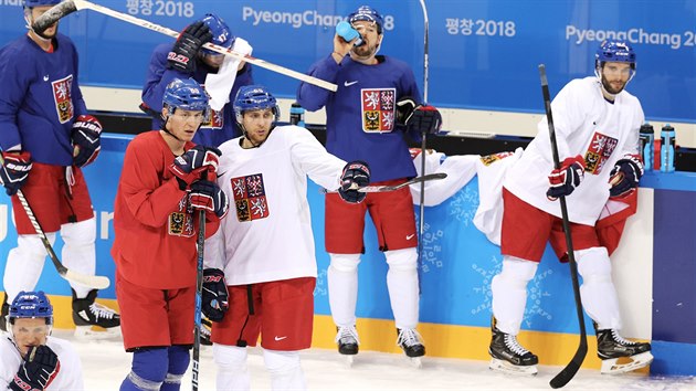 Luk Radil a Vojtch Mozk (vpedu) pi trninku eskch hokejist v jihokorejskm Kangnungu. (12. nora 2018)