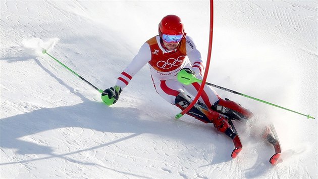 Rakousk lya Marcel Hirscher pi slalomu v olympijsk superkombinaci. (13. nora 2018)