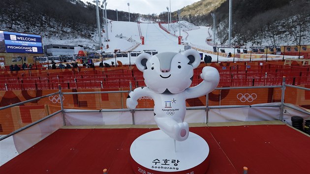 Olympijsk maskot, bl tygr Soohorang, stoj osaml v cli lyaskho stediska v jihokorejskm ongsonu. Sjezd mu byl prv kvli nebezpenm povtrnostnm podmnkm pesunut.