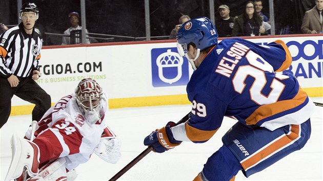 Brock Nelson z NY Islanders pekonv Petra Mrzka v brance Detroitu.