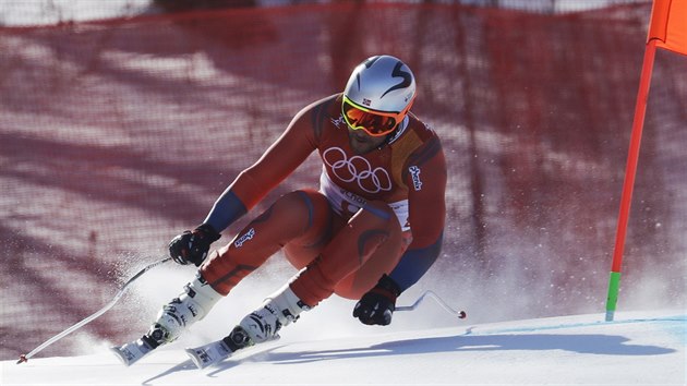 Norsk lya Aksel Lund Svindal bhem sjezdu v olympijsk superkombinaci.