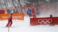 Silný vítr nepeje olympijskému závodu slalomáek.