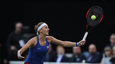 Tenistka Petra Kvitová bhem 1. kola Fed Cupu proti výcarce Golubicové.
