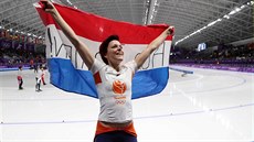 Nizozemka Jorien Ter Morsová naden slaví zisk zlaté olympijské medaile ze...