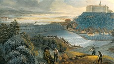 Pohled na kaskádový jez u Hluboké na obraze Ferdinanda Runka z roku 1804