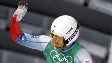 Český sáňkař Ondřej Hyman v cíli olympijského závodu družstev. (15. února 2018)