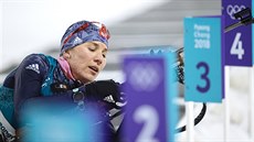 Slovenská biatlonistka Anastasia Kuzminová v olympijském závodu s hromadným...