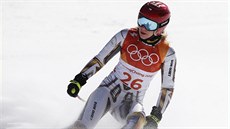 Ester Ledecká v cílí olympijského závodu v superobím slalomu
