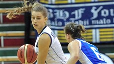 Slovenská basketbalistka Nikola Ková�iková (vlevo) úto�í p�es Irenu Vran�i�ovou...