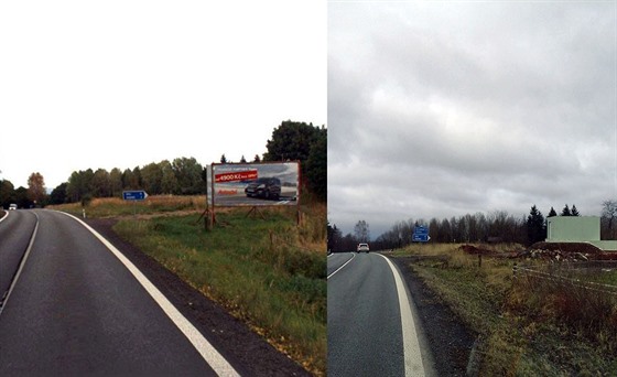 Silnice I/37 před a po odstranění billboardu u obce Střítež na Trutnovsku.