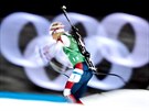 Norská biatlonistka Tiril Eckhoffová v olympijském závodu ve smíené tafet....