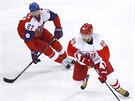 eský hokejista Martin Rika stíhá Nikitu Nstrova z Ruska. (23. února 2018)