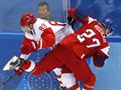 eský hokejista Martin Rika v souboji s Nikitou Nstrovem z Ruska. (23....