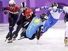 Hongzhi Xu of China and Nurbergen Zhumagaziyev of Kazakhstan collide and crash...