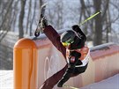 Lara Wolf, of Austria, crashes during the women's slopestyle qualifying at...