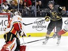 Gólman Calgary David Rittich zasahuje v utkání proti Vegas.