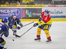 Momentka z duelu prvoligových hokejist eských Budjovic a Kladna (modrá)