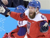 Český hokejista Adam Polášek při olympijském semifinále proti Rusku. (23. února...