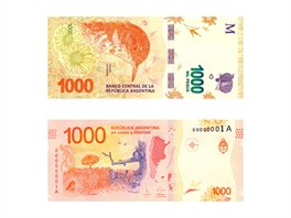 Argentina, 1000 peso. Bankovka představuje argentinského národního ptáka...