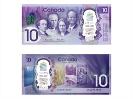 Kanada, 10 dolarů. Bankovka je polymerová a chrání ji mj. hologram. Na líci je...