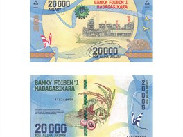 Madagaskar, 20000 ariary. Bankovka je vyrobená z materiálu kombinujícího...