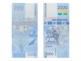 Kyrgyzstán, 2000 somů. Bankovku zdobí jezdecká socha kyrgyzského národního...